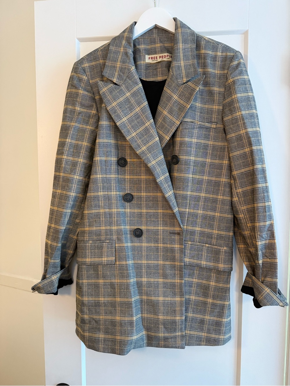 Free People Plaid Double-Breasted Blazer in Gray and Beige